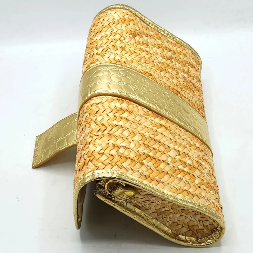 Big Buddha Straw Faux Leather Gold Crocs Trim Accents Fold Over Clutch